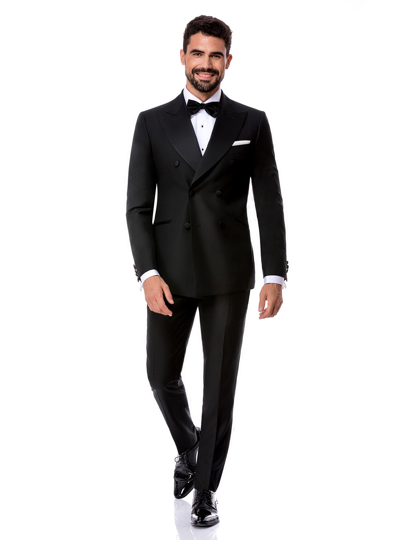 Double Breasted 6 on 2, Peak Satin Lapel, Black, Tuxedo, Zignone