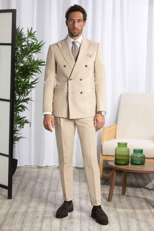 Peak Lapel Double Breasted 6 on 4, Beige Suit