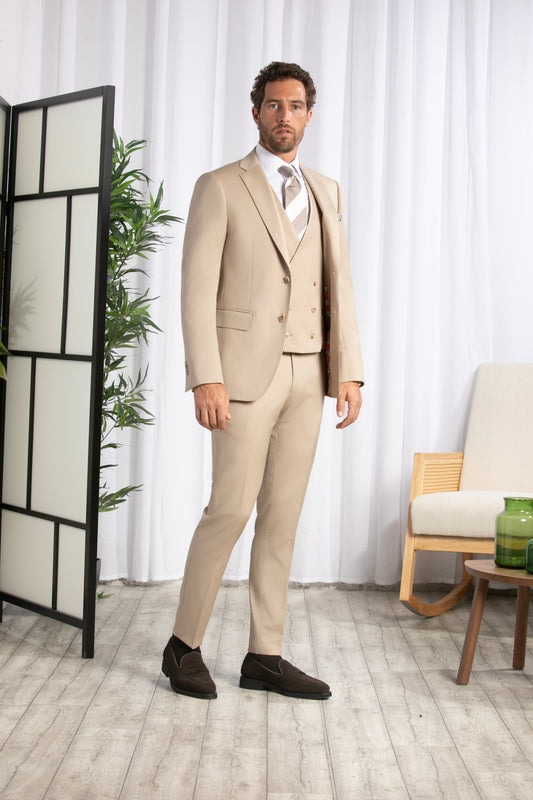 Notch Lapel, Beige 3pcs Suit