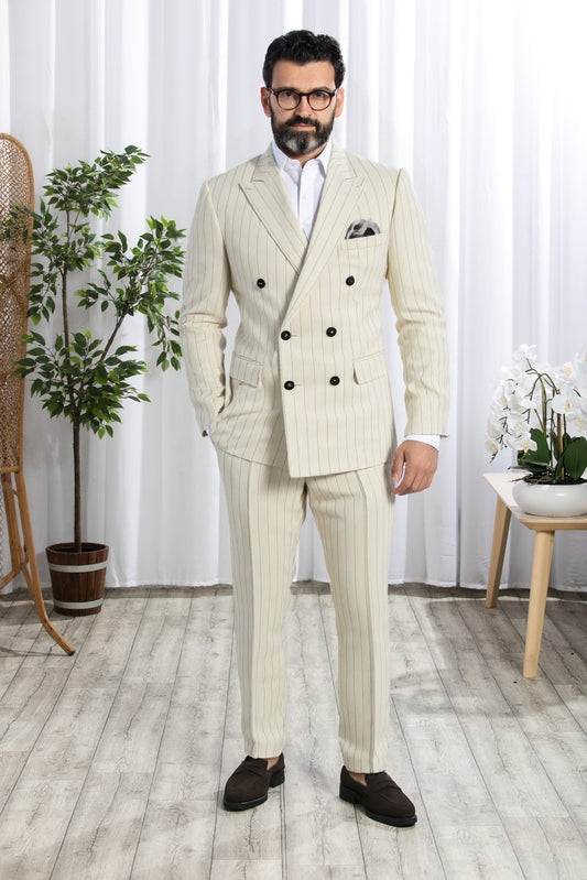 Peak Lapel Double Breasted 6 on 4, Off White with Stripes Suit