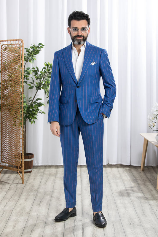 Notch Lapel Electric Blue Pink Stripes Suit