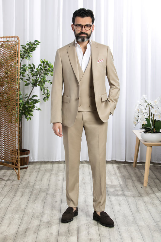 Notch Lapel 3pcs Beige Suit