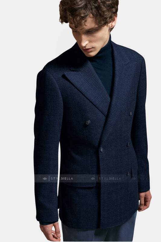 Peak Lapel Double Breasted 6 on 4, Denim Blue Prince de Galles, Jacket Only
