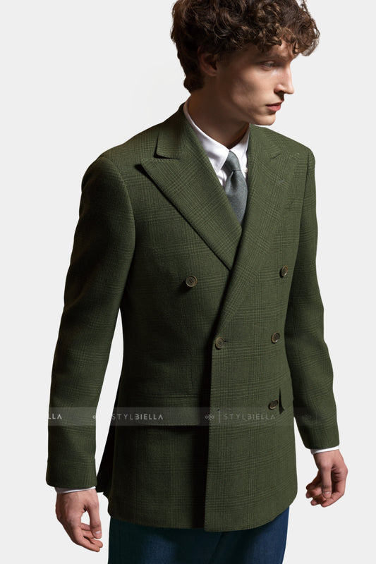 Peak Lapel Double Breasted 6 on 4, Olive Prince de Galles, Jacket Only