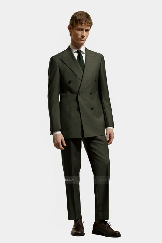Peak Lapel Double Breasted 6 on 4, Olive Chevron, Stylbiella