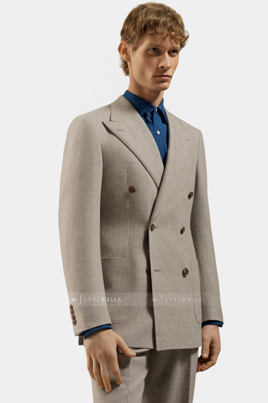 Peak Lapel Double Breasted 6 on 4, Beige Prince de Galles, Stylbiella