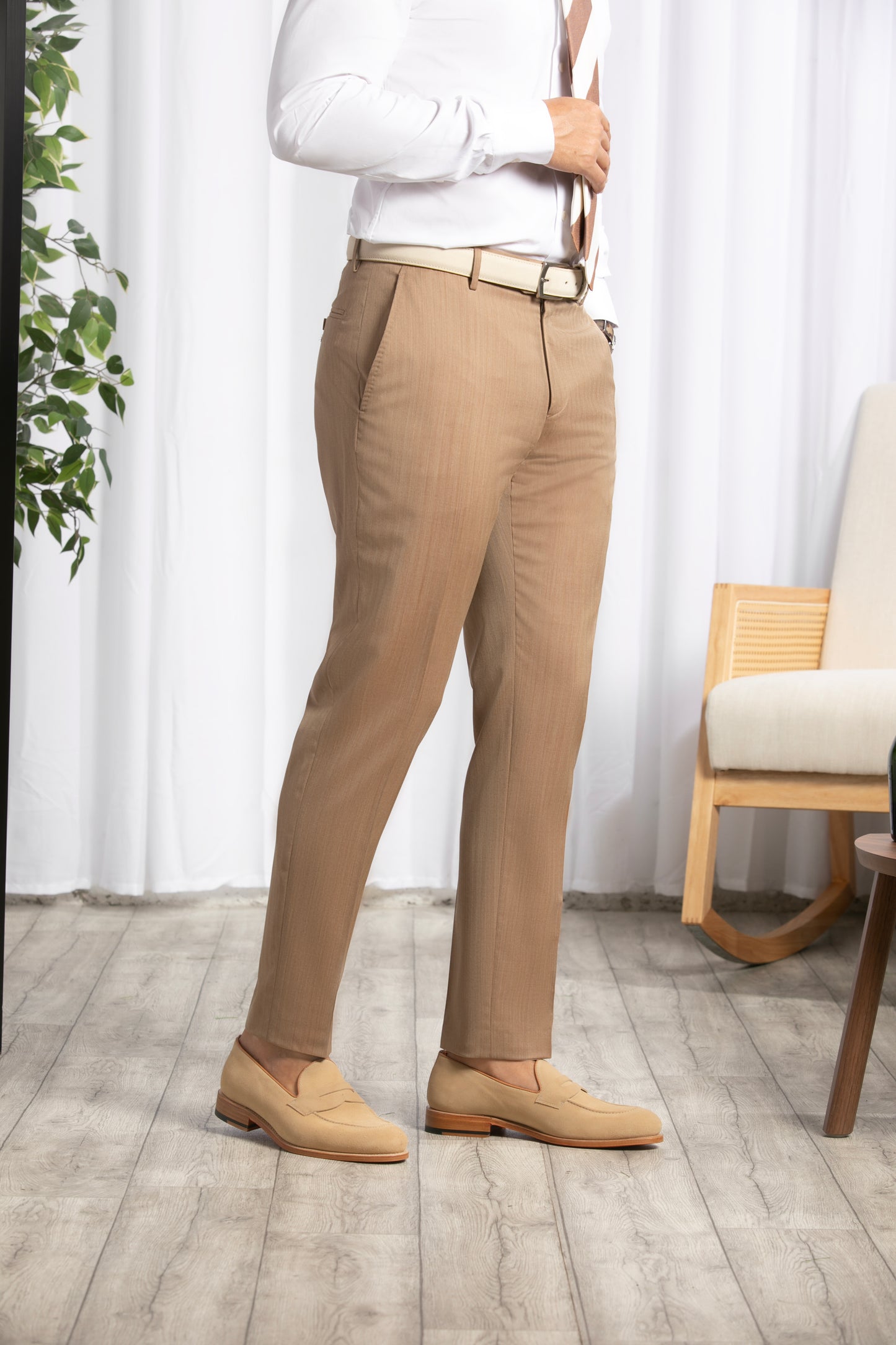Camel Herringbone Trousers with belt loops Zignone