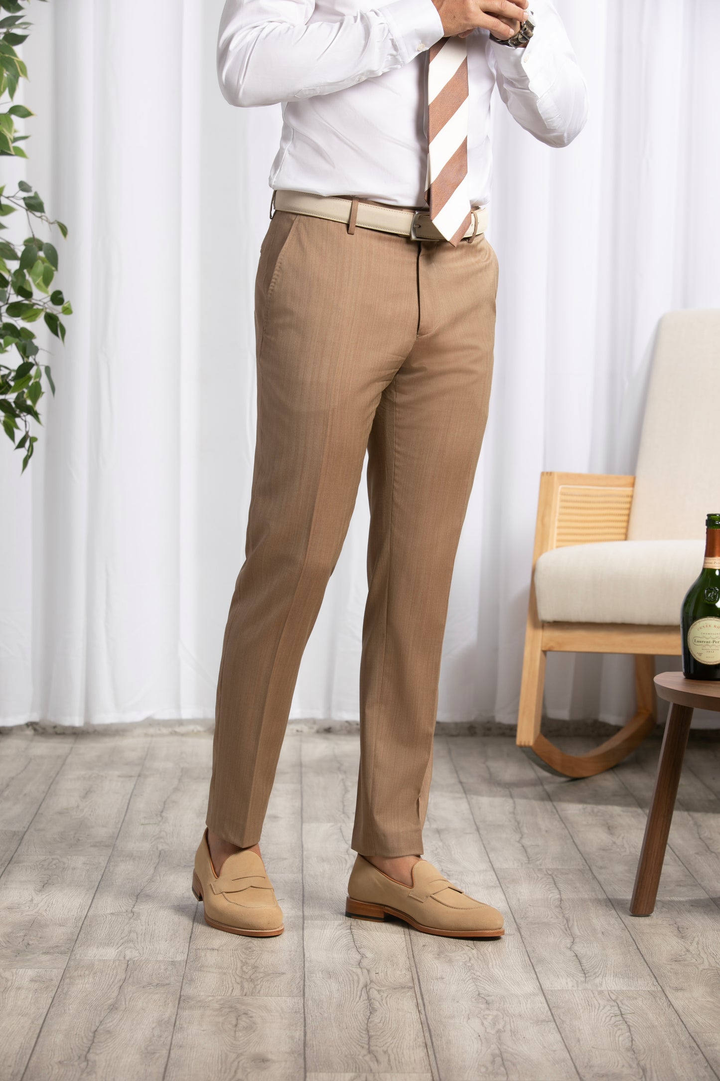 Camel Herringbone Trousers with belt loops Zignone