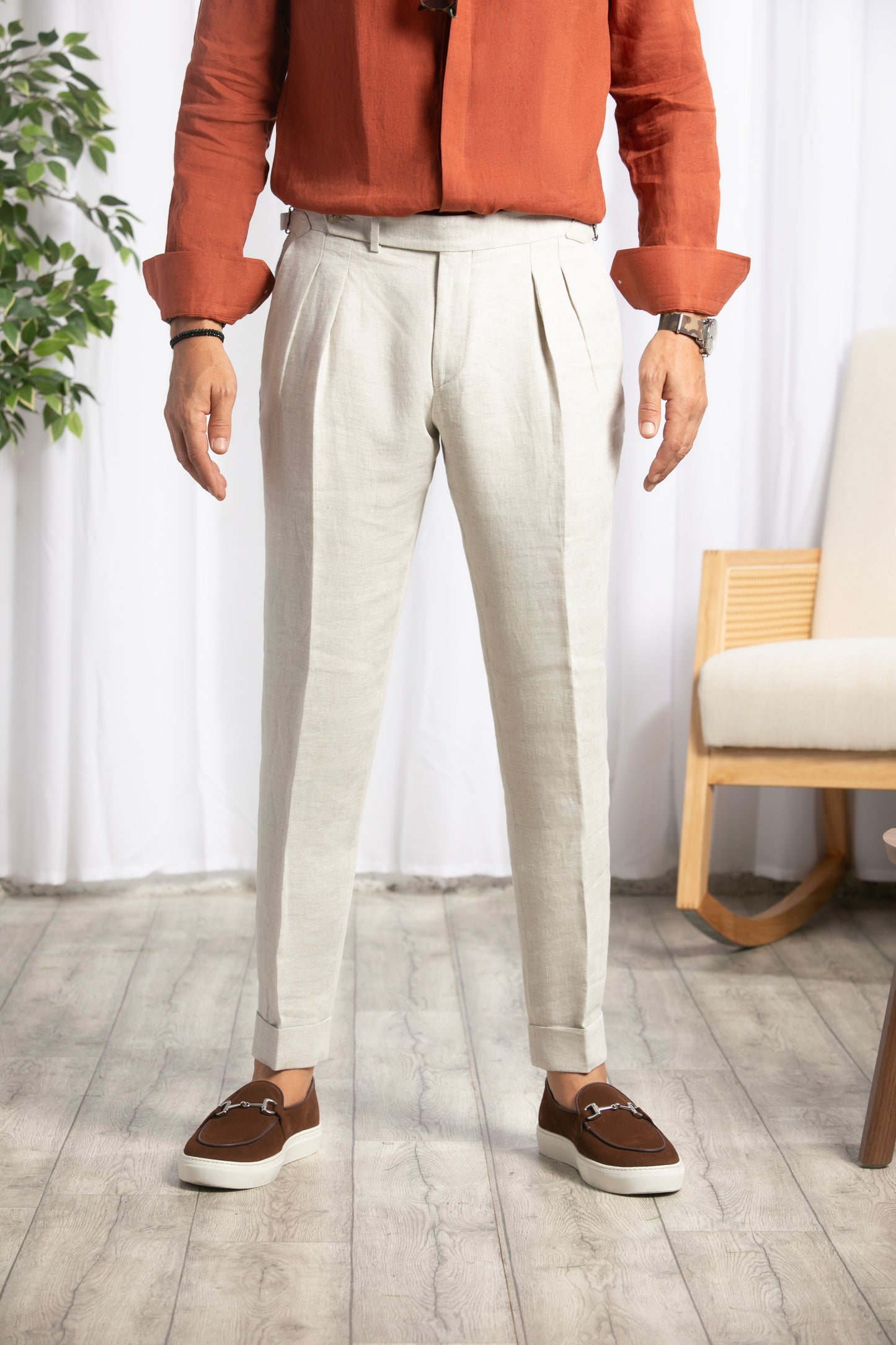 Roma Trousers with 2 front pleats and adjusters Duca Visconti Linen