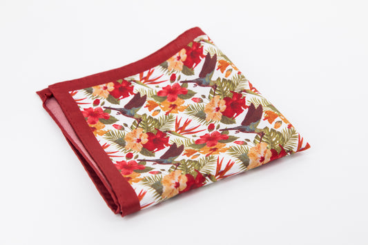 Pocket Square - Burgundy And Mixed Color Flowers White Background