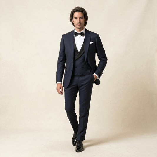 Notch Lapel Satin Blazer, Shawl Satin Lapel Vest, Navy, Tuxedo, Pure Wool, Super 150'S, FT Di Delfino