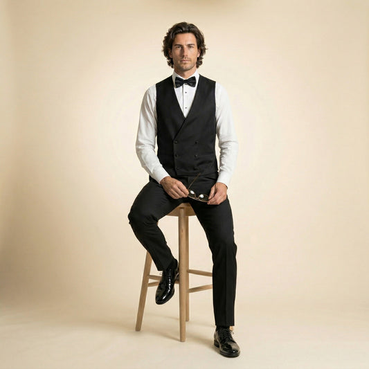 Tuxedo Waiscoat with Shawl Satin, Black, Pure Wool, Vitale Barberis