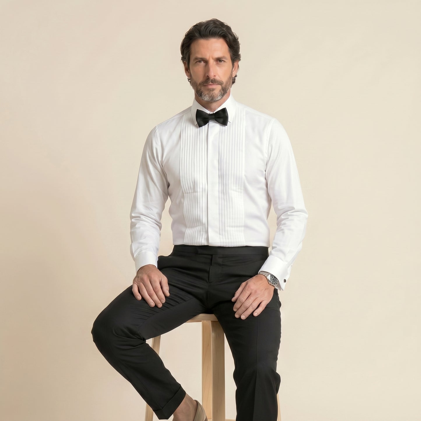 Tuxedo Shirt, Hidden Buttons, White Poplin with Pleated Full Plastron
