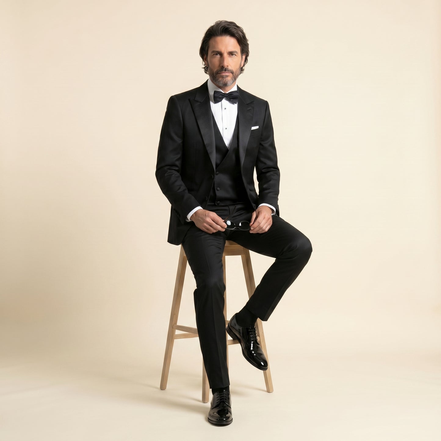 Peak Satin Lapel, Black, Tuxedo 3 pcs, Wool & Silk, Zignone