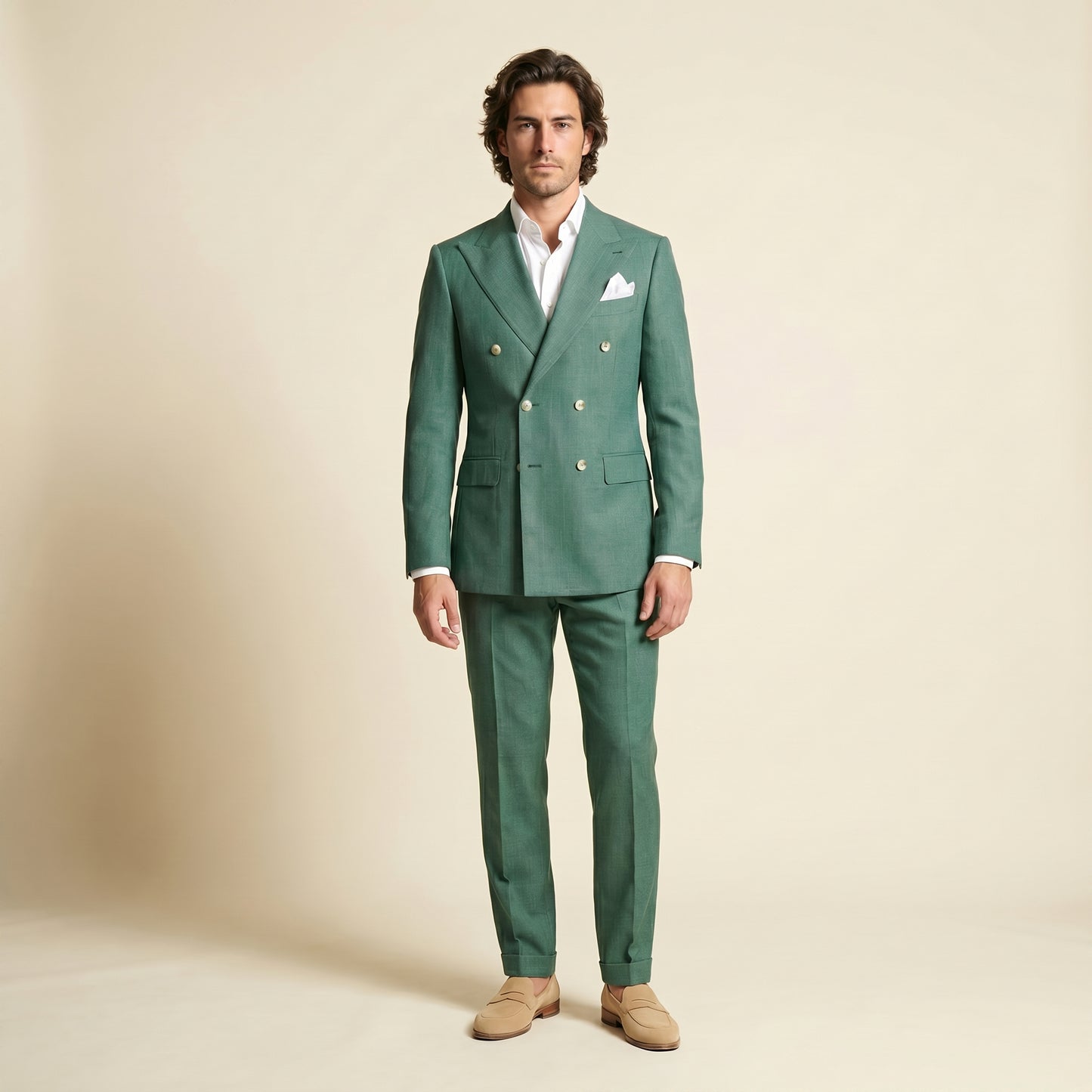 Double Breasted 6 on 2, 2 pcs Suit, Light Green, Pure Wool, Vitale Barberis