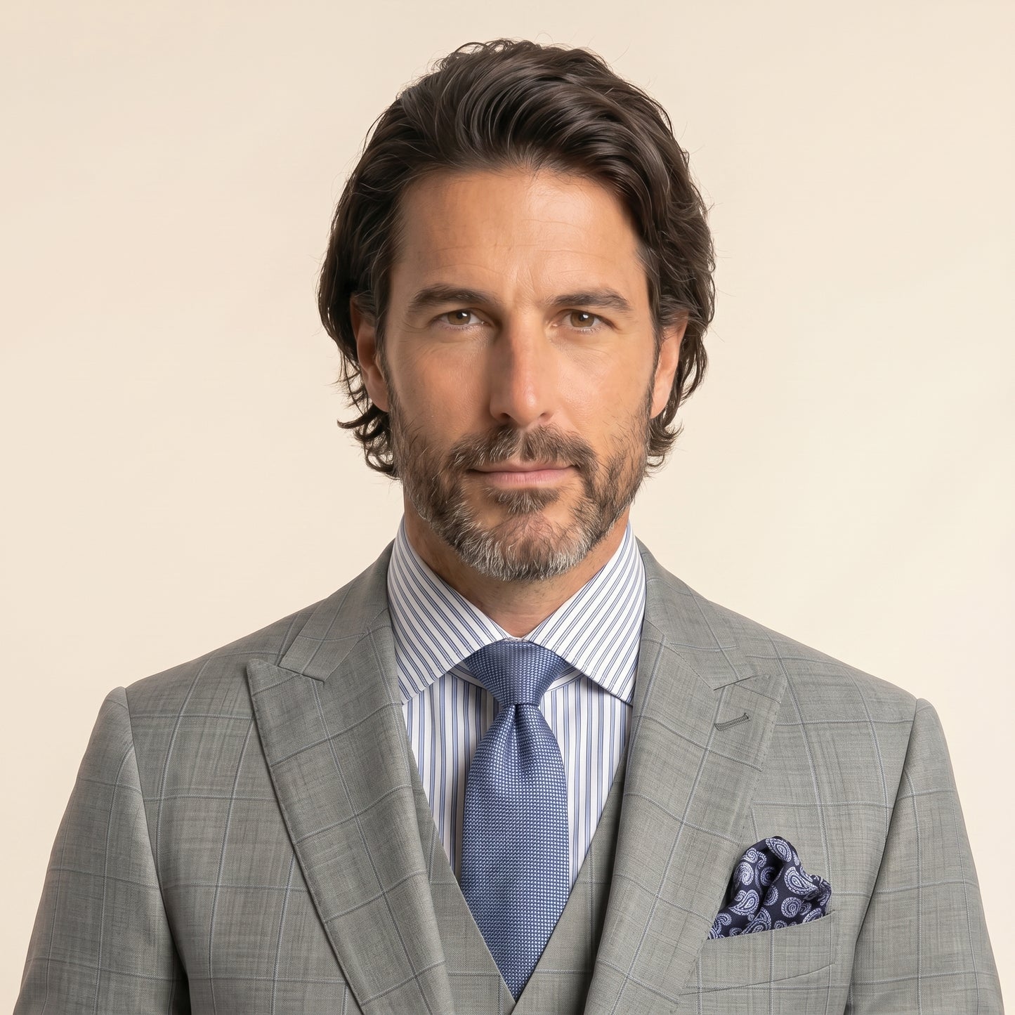 Peak Lapel, Light Grey Windowpane Suit 2pcs, Wool & Cashmere, Super 170's, Loro Piana Cashmere Wish
