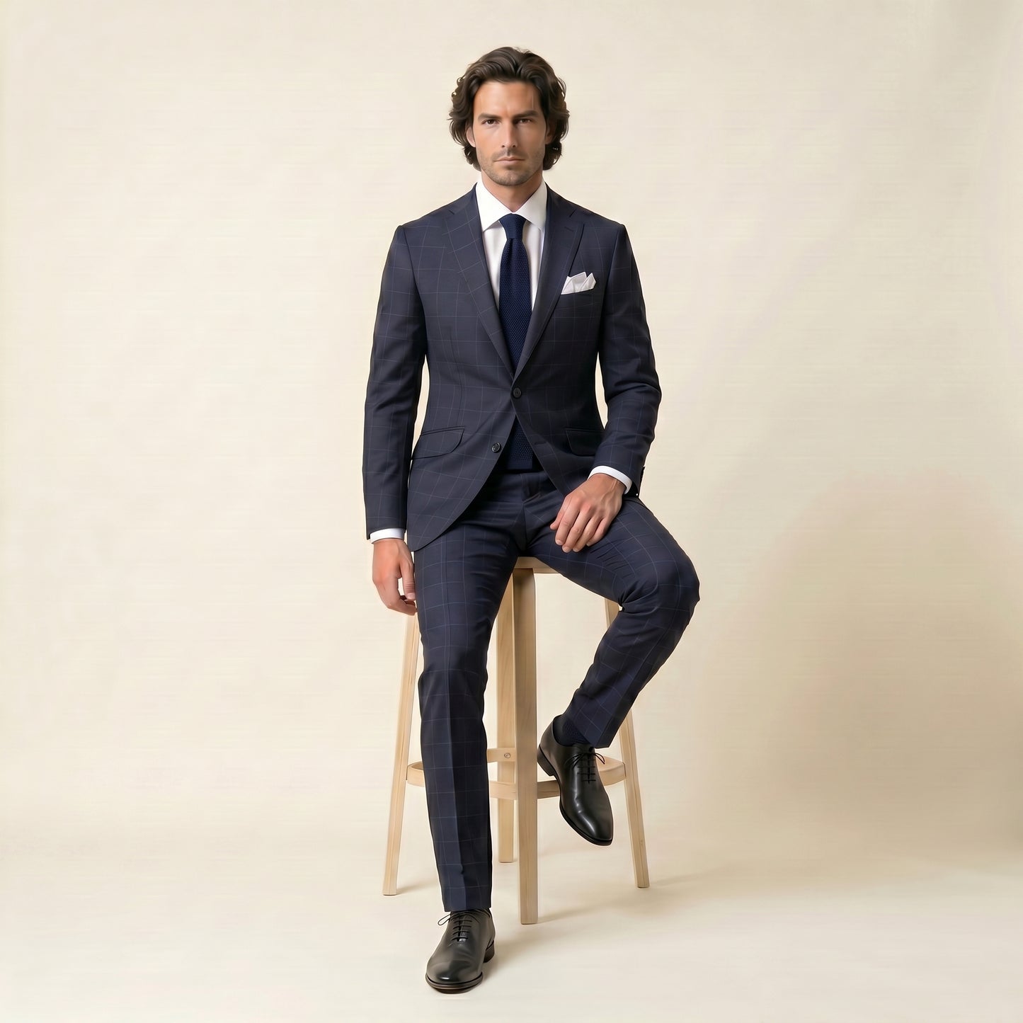 Notch Lapel, Navy Windowpane Suit 2 pcs, Super 170'S, Loro Piana Tasmanian