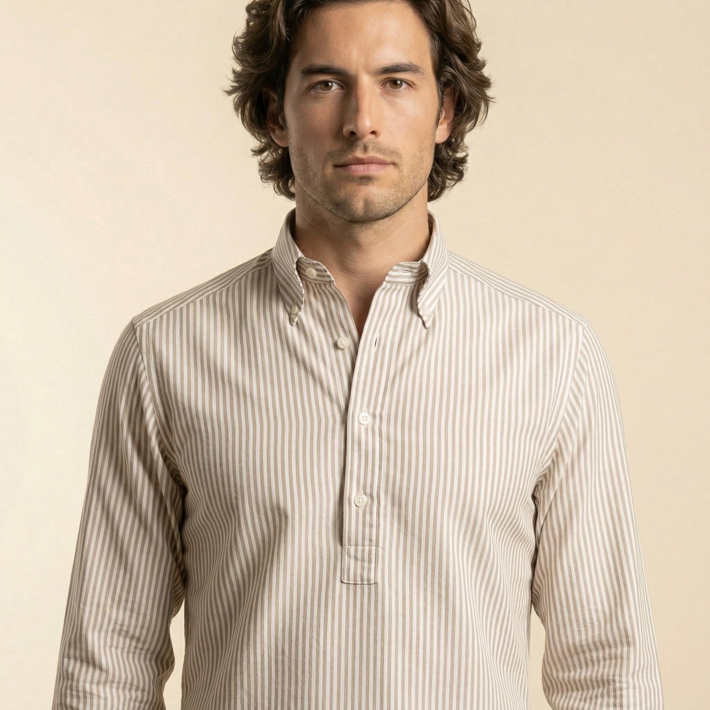 Polo Shirt, White Striped Poplin With Toasted Bakgroung, Pure Cotton