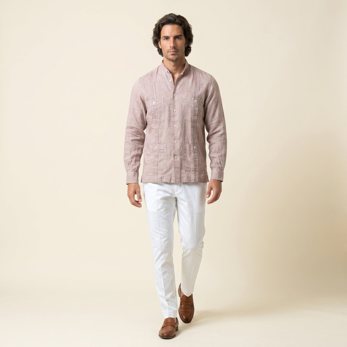 Cuban Shirt, Light Brown, Pure Linen, Canclini
