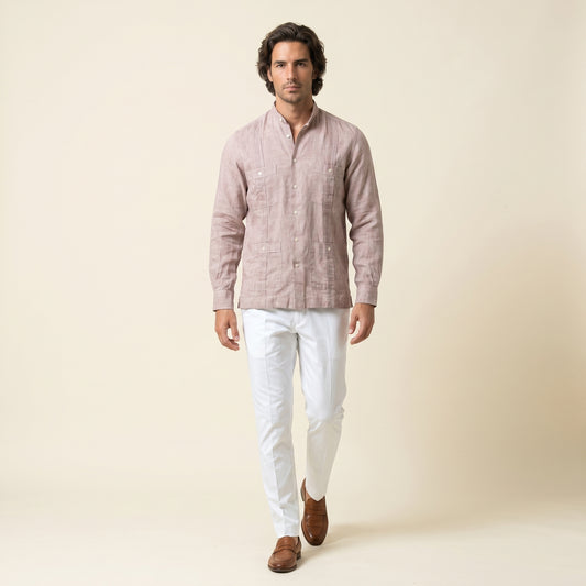 Cuban Shirt, Light Brown, Pure Linen, Canclini