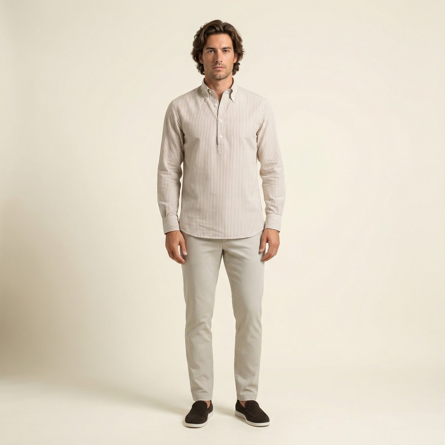 Polo Shirt, White Striped Poplin With Toasted Bakgroung, Pure Cotton