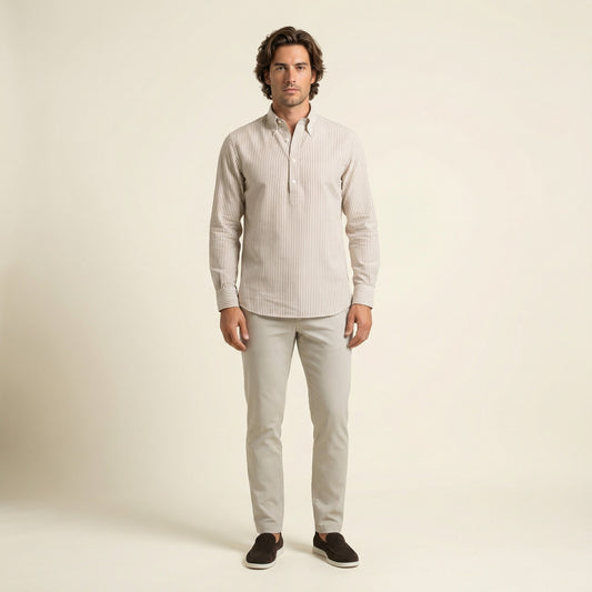 Polo Shirt, White Striped Poplin With Toasted Bakgroung, Pure Cotton