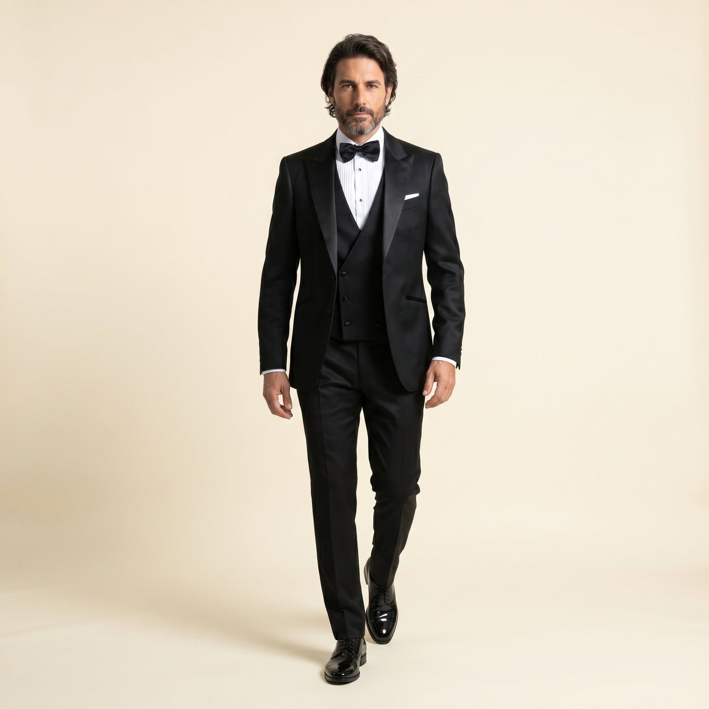 Peak Satin Lapel, Black, Tuxedo 3 pcs, Wool & Silk, Zignone