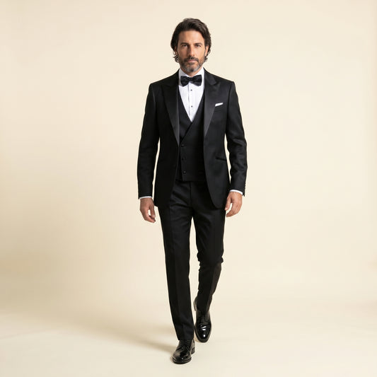 Peak Satin Lapel, Black, Tuxedo 3 pcs, Wool & Silk, Zignone