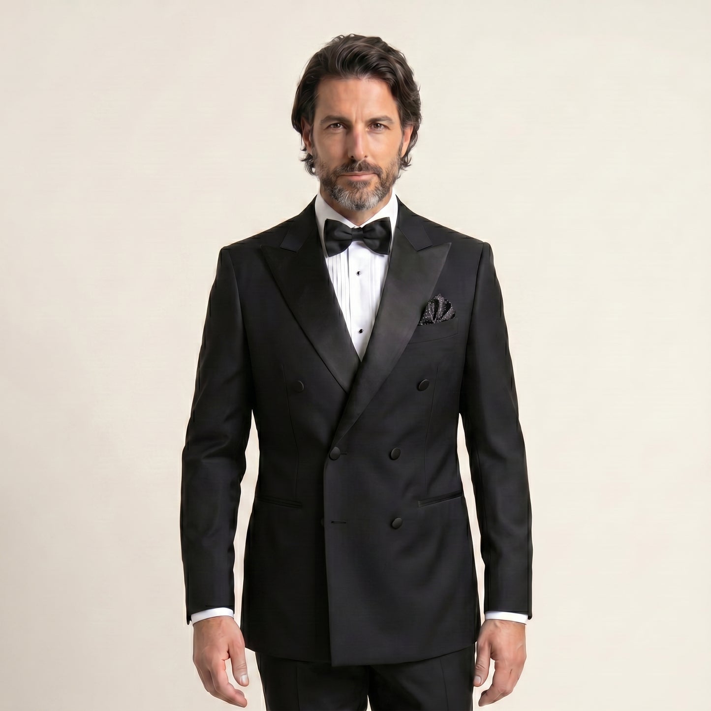 Peak Satin Lapel, Double Breasted 6 in 2, Black, Tuxedo 2 pcs, Wool & Silk, Zignone