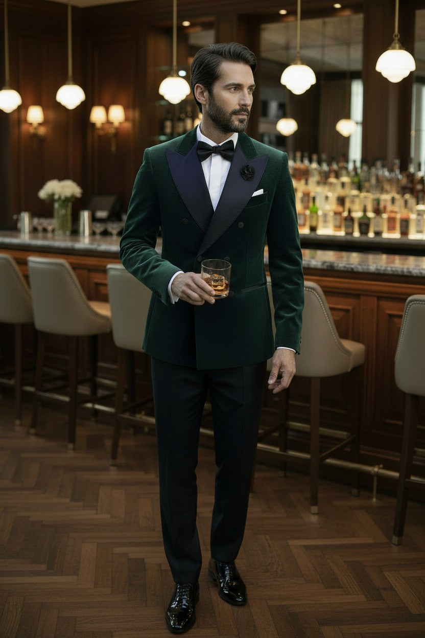 Peak Satin Lapel, Double Breasted 6 on 2, Forest Green Velvet, Tuxedo Jacket, Pontoglio