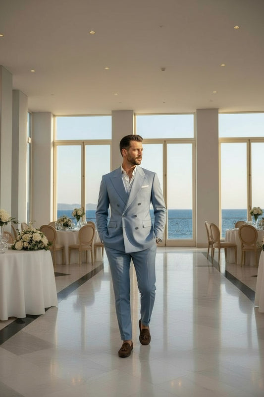 Peak Lapel Double Breasted 6 on 2, Sky Blue Suit, Drago Super 130'S