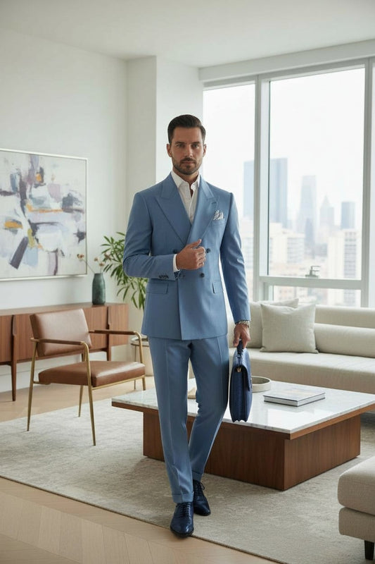 Peak Lapel Double Breasted 4 on 1, Sky Blue Suit, Loro Piana Zelander