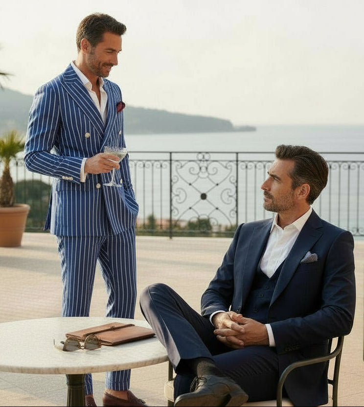 Double Breasted 6 on 2, 2 pcs Suit, Blue, Wool & Silk, Ariston