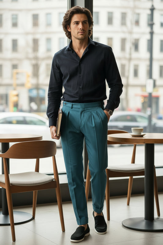 Turquoise Trousers with 2 front pleats and adjusters Duca Visconti Cotton