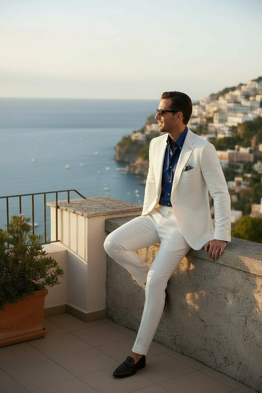 Notch Lapel, White Cotton Suit, Duca Visconti