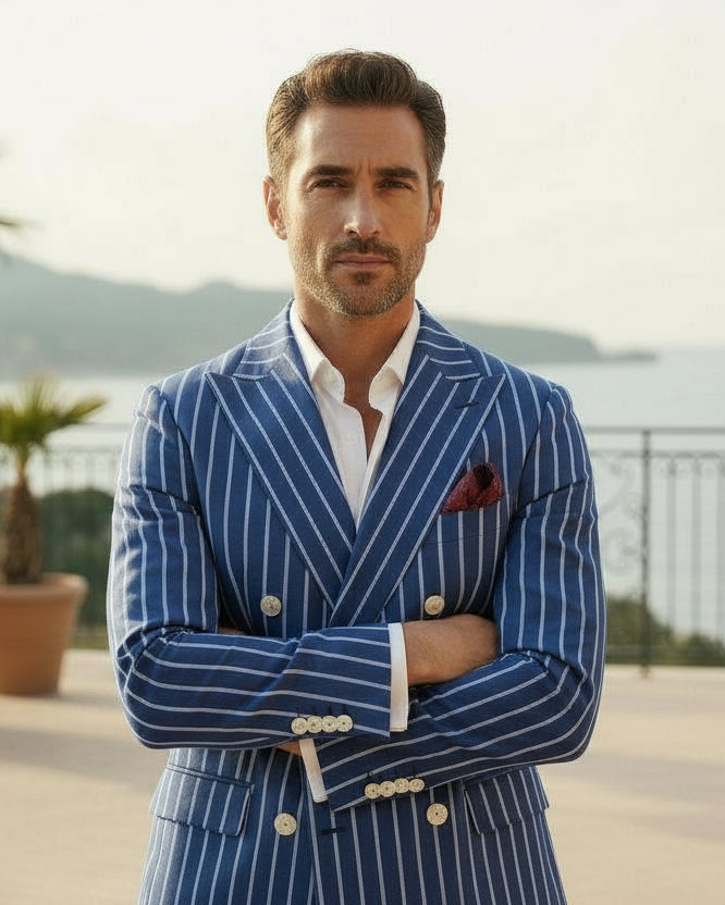 Double Breasted 6 on 2, 2 pcs Suit, Blue, Wool & Silk, Ariston