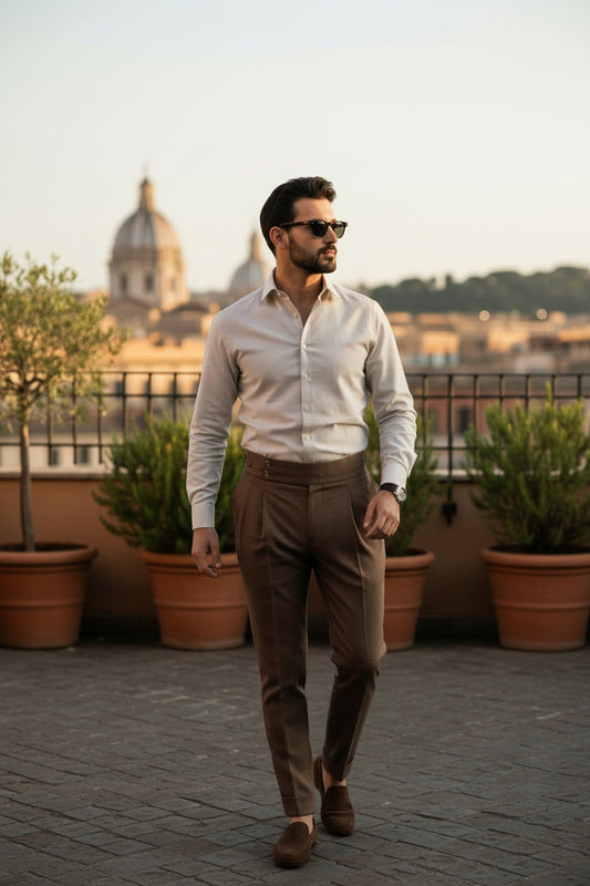 Brown Trousers High Waisted with adjusters Reda Super 110'S