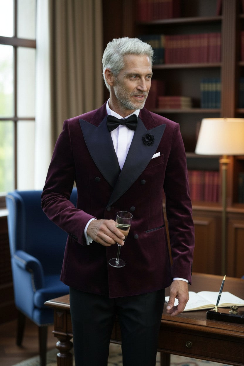 Peak Satin Lapel Double Breasted 6 on 2, Purple Velvet, Tuxedo Jacket, Pontoglio