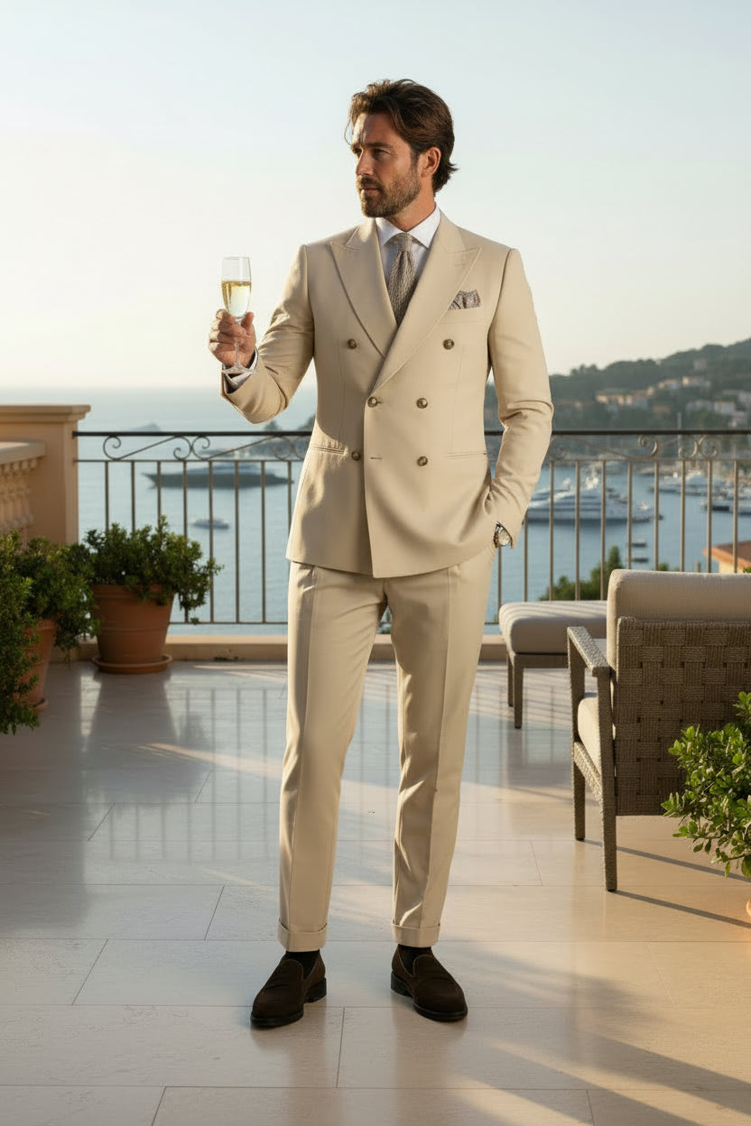 Double Breasted 6 on 2, 2 pcs Suit, Beige, Superfine Merino Wool, Loro Piana