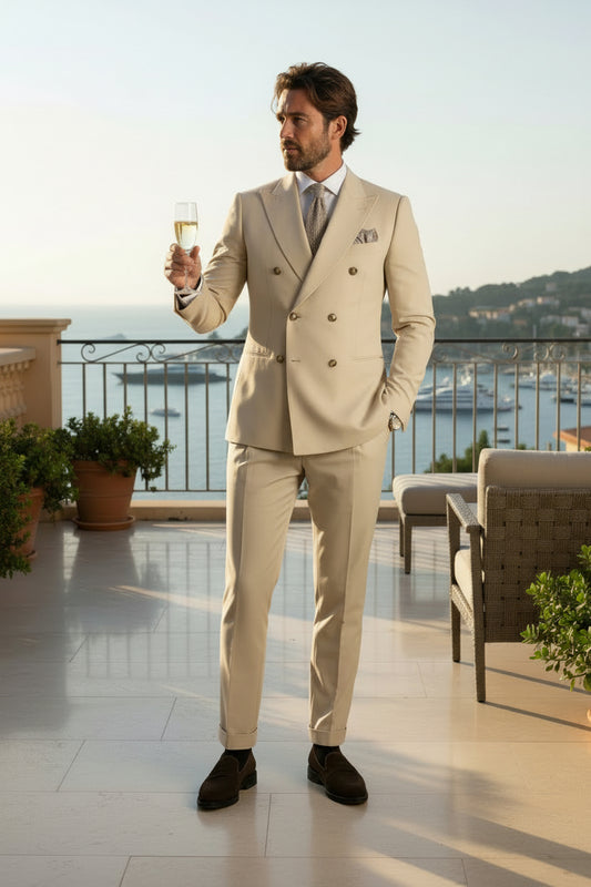 Double Breasted 6 on 2, 2 pcs Suit, Beige, Superfine Merino Wool, Loro Piana