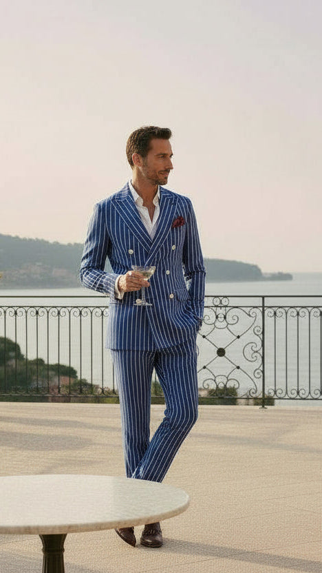 Double Breasted 6 on 2, 2 pcs Suit, Blue, Wool & Silk, Ariston