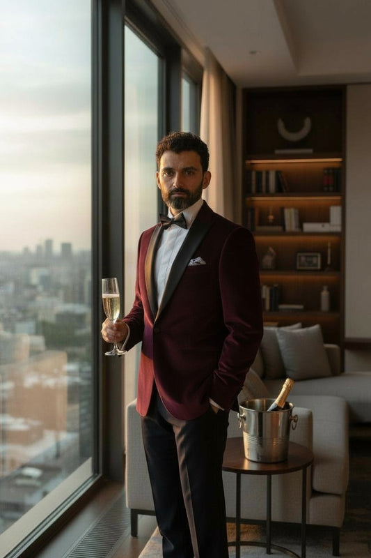 Shawl Satin Lapel, Burgundy Velvet, Tuxedo Jacket, Pontoglio